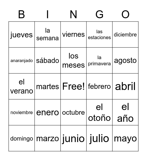 Spanish 1 review Bingo Card
