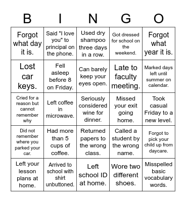 Tired Teacher Bingo Card