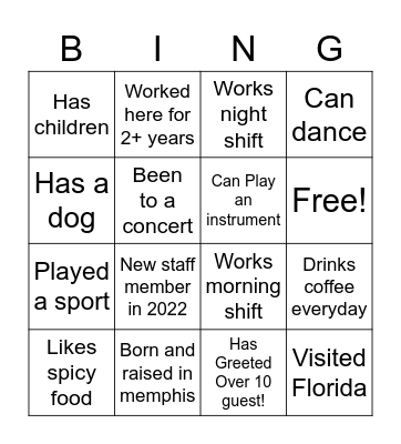 Marriott Memphis East Food & Beverage Bingo Card