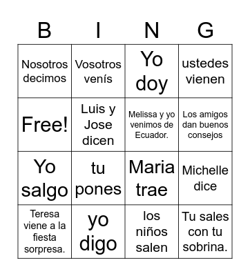 irregular verb conjugations Bingo Card