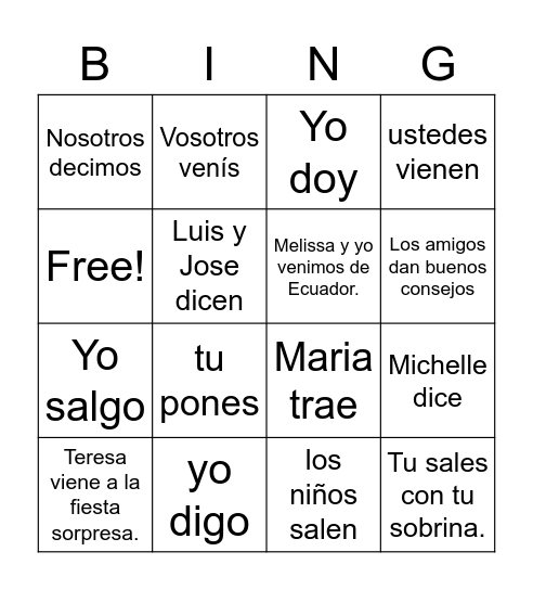 irregular verb conjugations Bingo Card