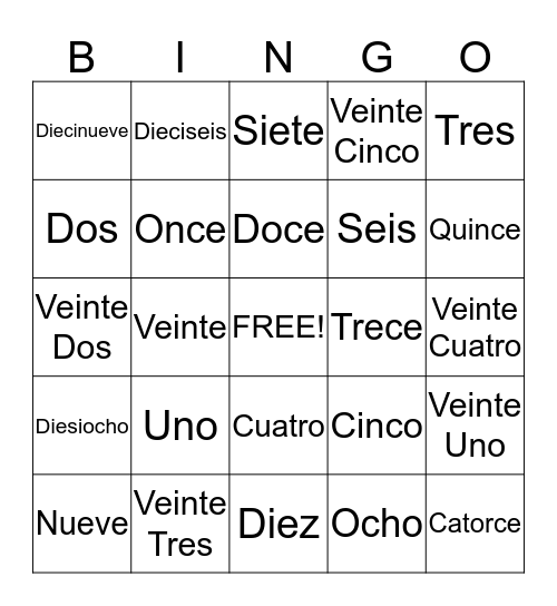 Numeros 1-25 Bingo Card