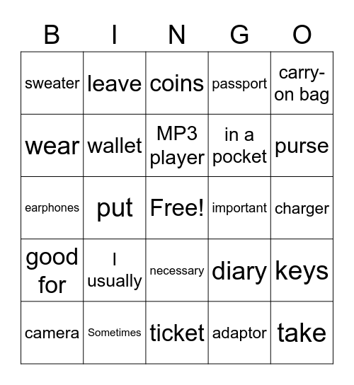 Travel light Bingo Card