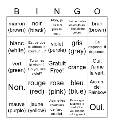 Les couleurs Bingo Card