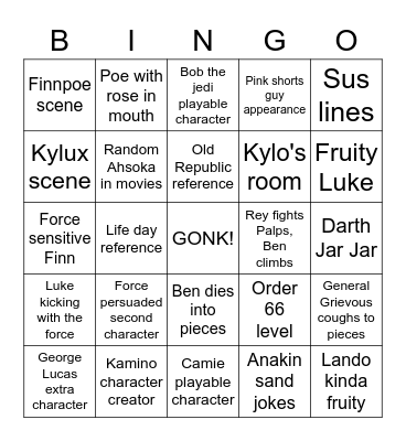 LEGO Star Wars: The Skywalker Saga Bingo Card