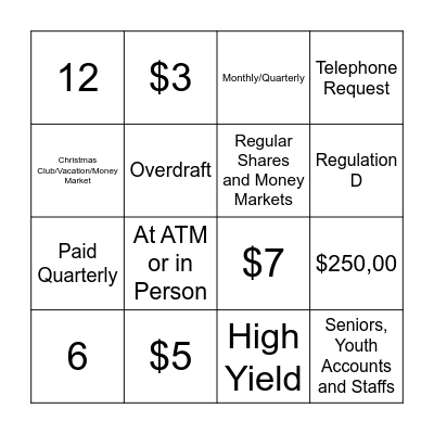 Savings Bingo Card