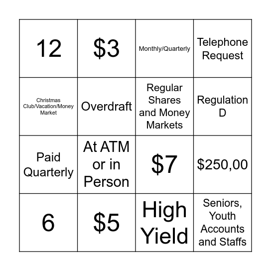 Savings Bingo Card