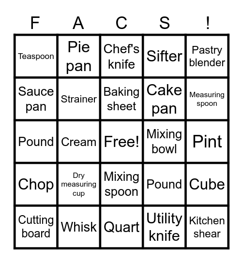 Kitchen Terms Bingo Card