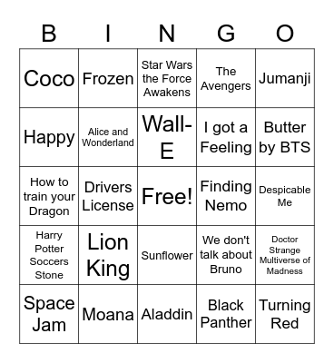 Movie and Song Bingo Card