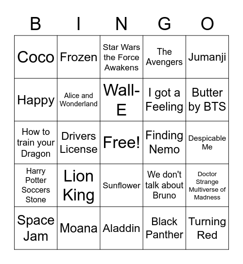 Movie and Song Bingo Card