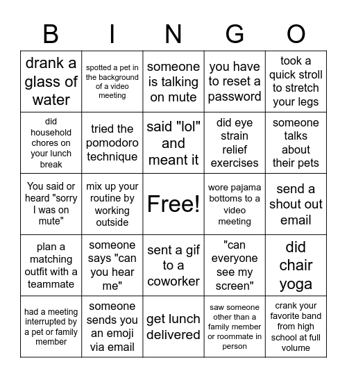 Remote Work from Home BINGO Card