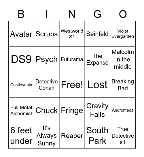 TV Show Bingo Card