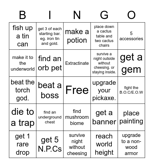 Terraria 1.4 Pre Hardmode easy bingo Card