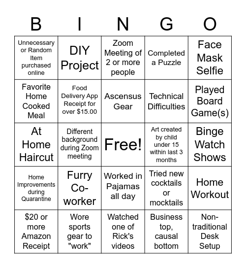 WFH/Quarantine Scavenger Hunt Bingo Card