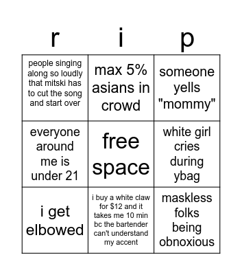 joey's mitski fun time Bingo Card