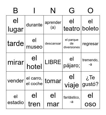 Realidades 1 Chap 8A Bingo Card