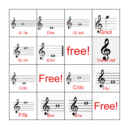 Notes on staff/LINES and SPACES Bingo Card