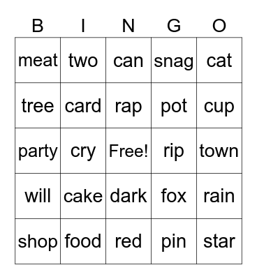 Rhyming Words Bingo Card