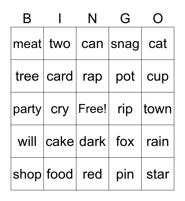 Rhyming Words Bingo Card