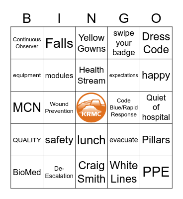 KRMC Orientation BINGO- Tuesday Bingo Card