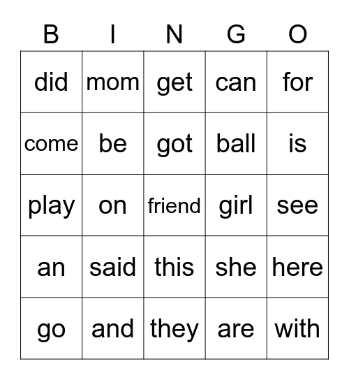 All Kinder Snap Words Bingo Card