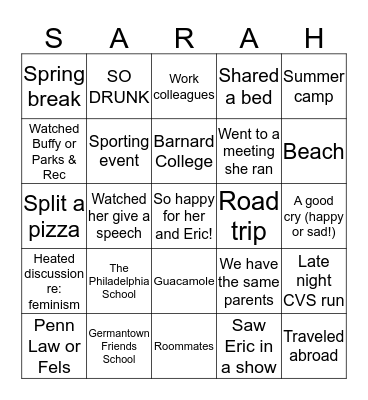 Things We've Done with Sarah! Bingo Card