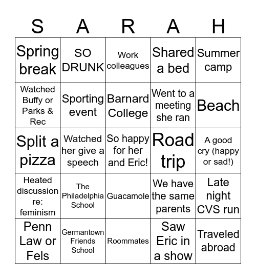 Things We've Done with Sarah! Bingo Card