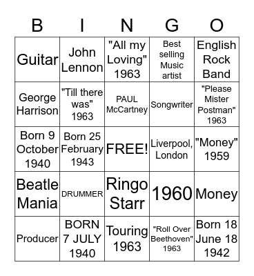 BEATLES #2 Bingo Card