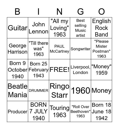 BEATLES #2 Bingo Card