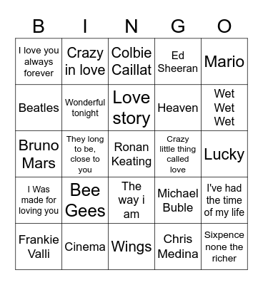 Love songs Bingo Card