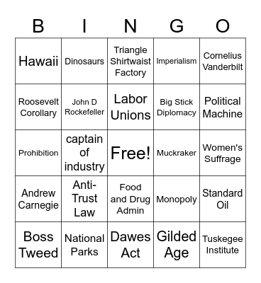 Gilded and Progressive Era Bingo Card