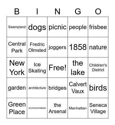 A Green Place To Be: Central Park Bingo Card