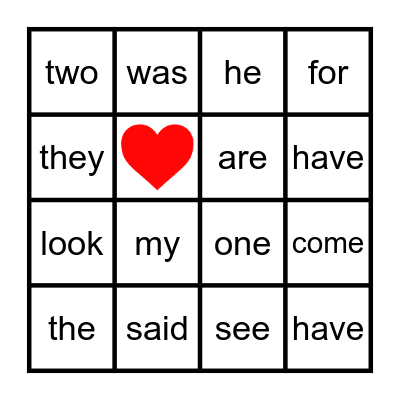 Heart Words Bingo Card