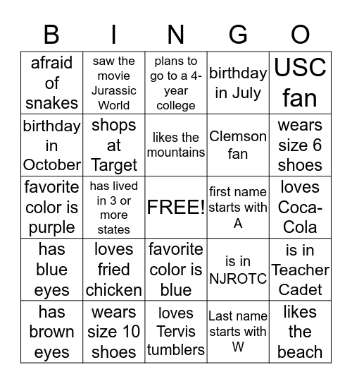 Advisory Get-to-Know You Bingo Card