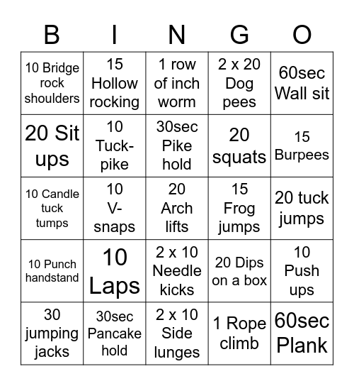 Warm up Bingo Card