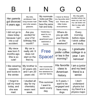 ASL Sentence Bingo! Bingo Card