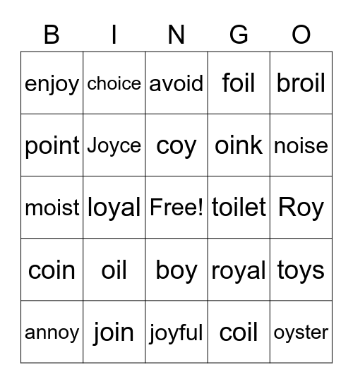 oi and oy words Bingo Card