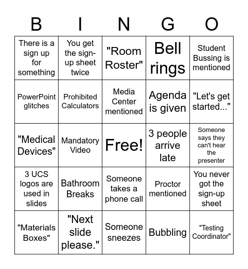 Faculty Meeting Bingo-Testing Edition Bingo Card