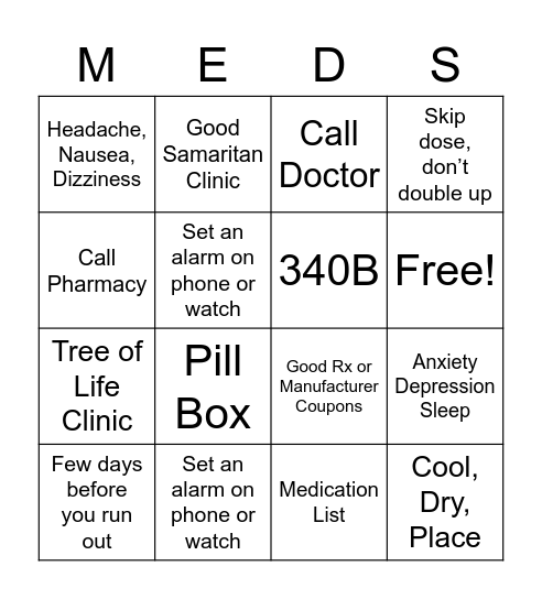 Medication Group Bingo Card