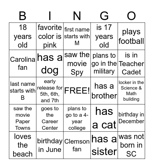 Advisory Get-to-Know-You Bingo Card