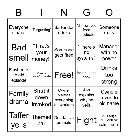 Bar rescue Bingo Card