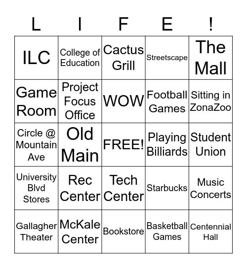 Campus Life! Bingo Card