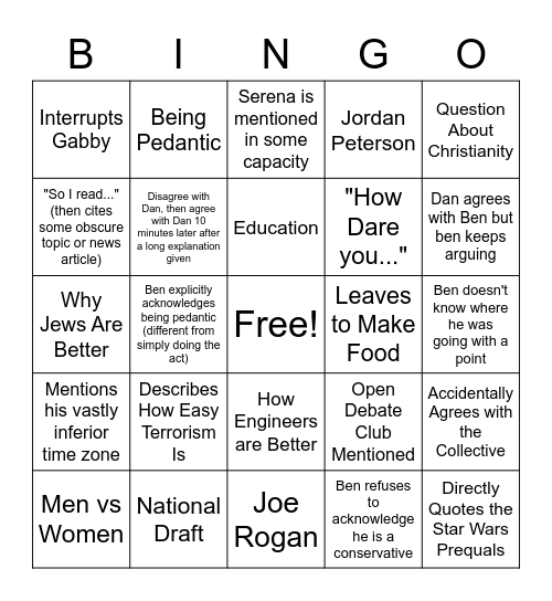 Ben-isms and Ben Related Topics Bingo Card