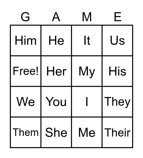 Basic Pronouns Bingo Card