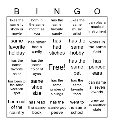 Get to know you Bingo Card