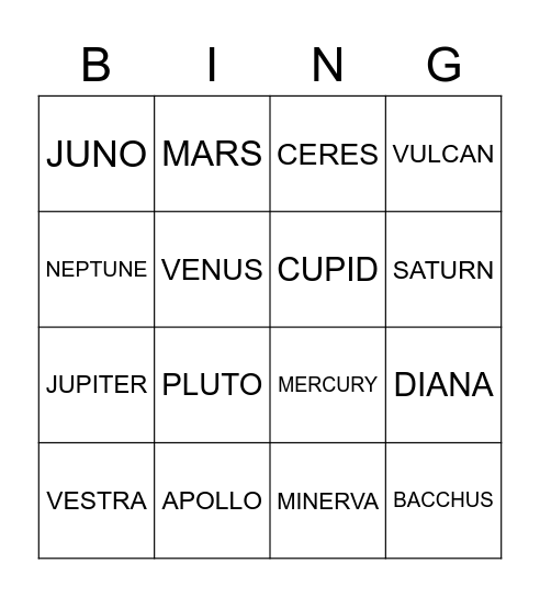 ROMAN GODS & GODDESSES Bingo Card
