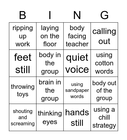 Expected Behaviour in the classroom Bingo Card