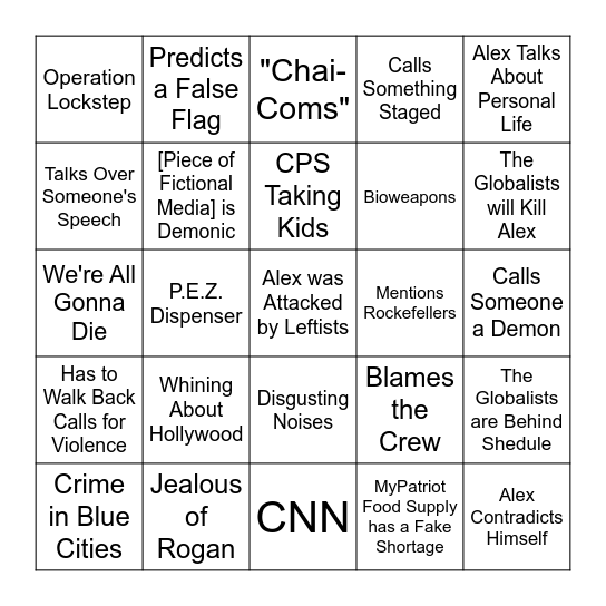 Alex Jones Bingo Card