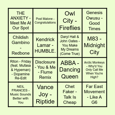 Prince Music Bingo - Off the Hook - Round #2 Bingo Card