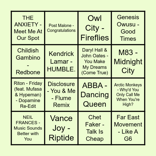 Prince Music Bingo - Off the Hook - Round #2 Bingo Card